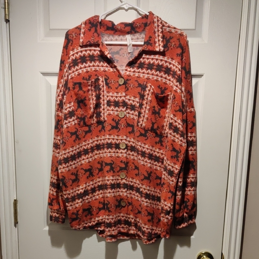 Red and Black Fleece Reindeer Button-Up Top
